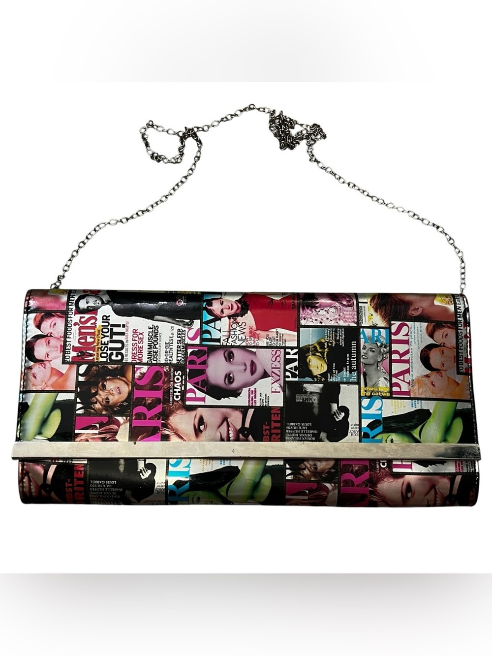 Magazine Cover Print Crossbody Bag with Silver Chain Strap EUC